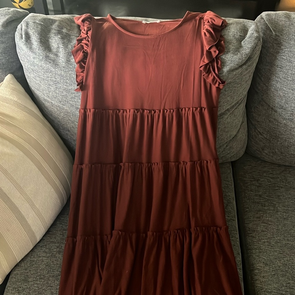 Rust color midi length sleeveless dress